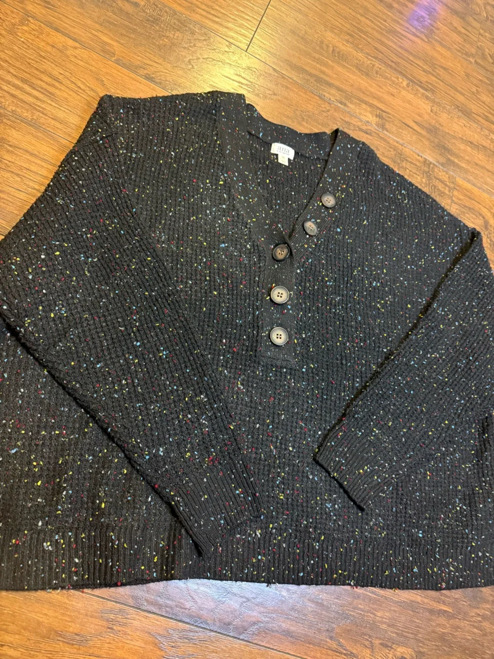 Black Speckled Chunky Knit Henley Sweater XXL Boho Chic Cozy Winter Pullover